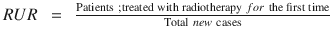 
$$ RUR\kern0.5em =\kern0.5em \frac{\mathrm{Patients}\ ;\mathrm{treated}\;\mathrm{with}\;\mathrm{radiotherapy}\ for\ \mathrm{the}\;\mathrm{first}\;\mathrm{time}}{\mathrm{Total}\ new\ \mathrm{cases}} $$
