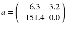 
$$ a = \left(\kern0.5em \begin{array}{cc}6.3& 3.2\\ {}151.4& 0.0\end{array}\right) $$
