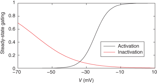 Graph presenting steady-state activation function, depicted as black increasing curve, and inactivation function, depicted as red decreasing curve.