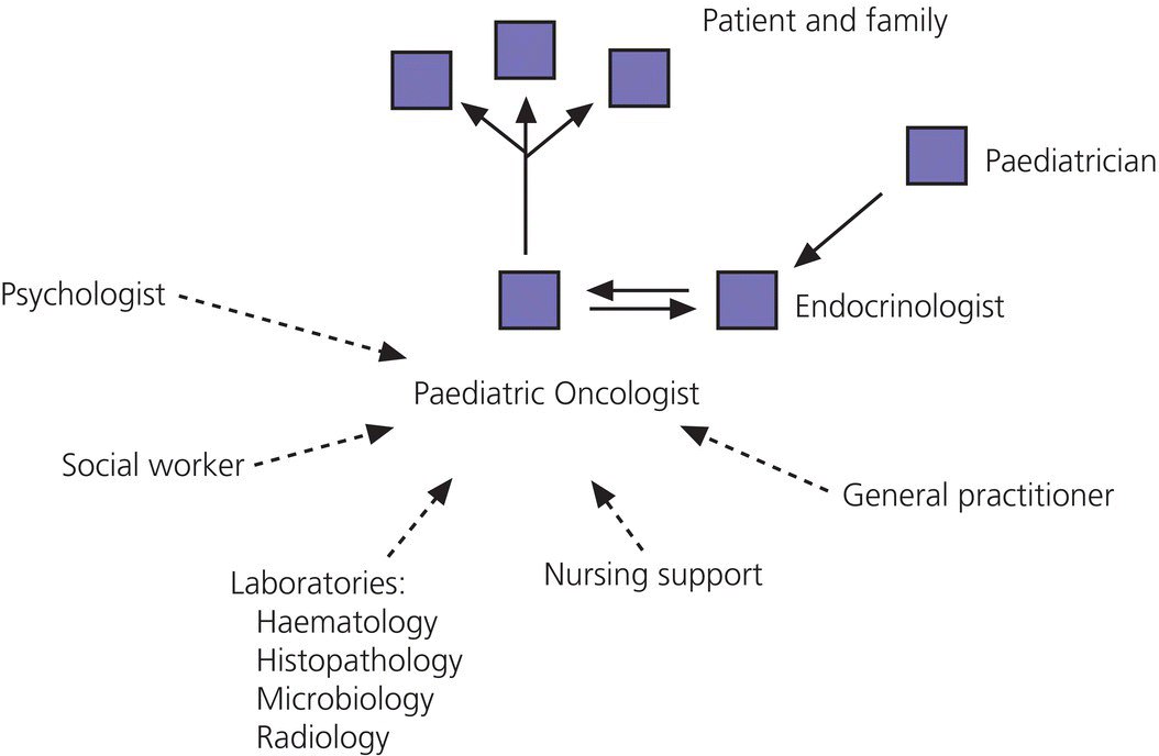 Diagram depicting arrows labeled psychologist, social worker, laboratories (Haematology, Histopathology, etc.), nursing support, and general practitioner pointing to paediatric oncologist. On top are arrows pointing to boxes indicating patient and family, endocrinologist, and peadiatrician.