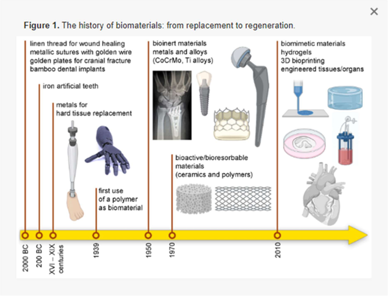 A timeline illustrates the history of biomaterials from 2000 B C to 2010, highlighting key developments and innovations.