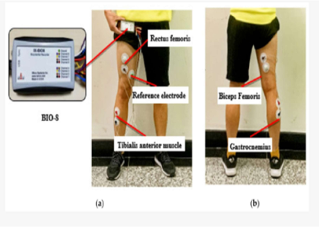 Two photos depict a device labeled BIO-S connected to a person's leg, highlighting muscles including rectus femoris, biceps femoris, tibialis anterior, gastrocnemius, and a reference electrode.