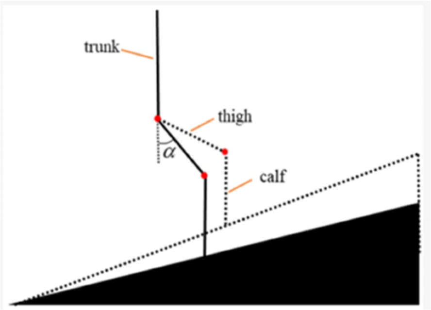 A diagram illustrates the placement of E M G electrodes on the trunk, thigh, and calf for muscle activity detection.