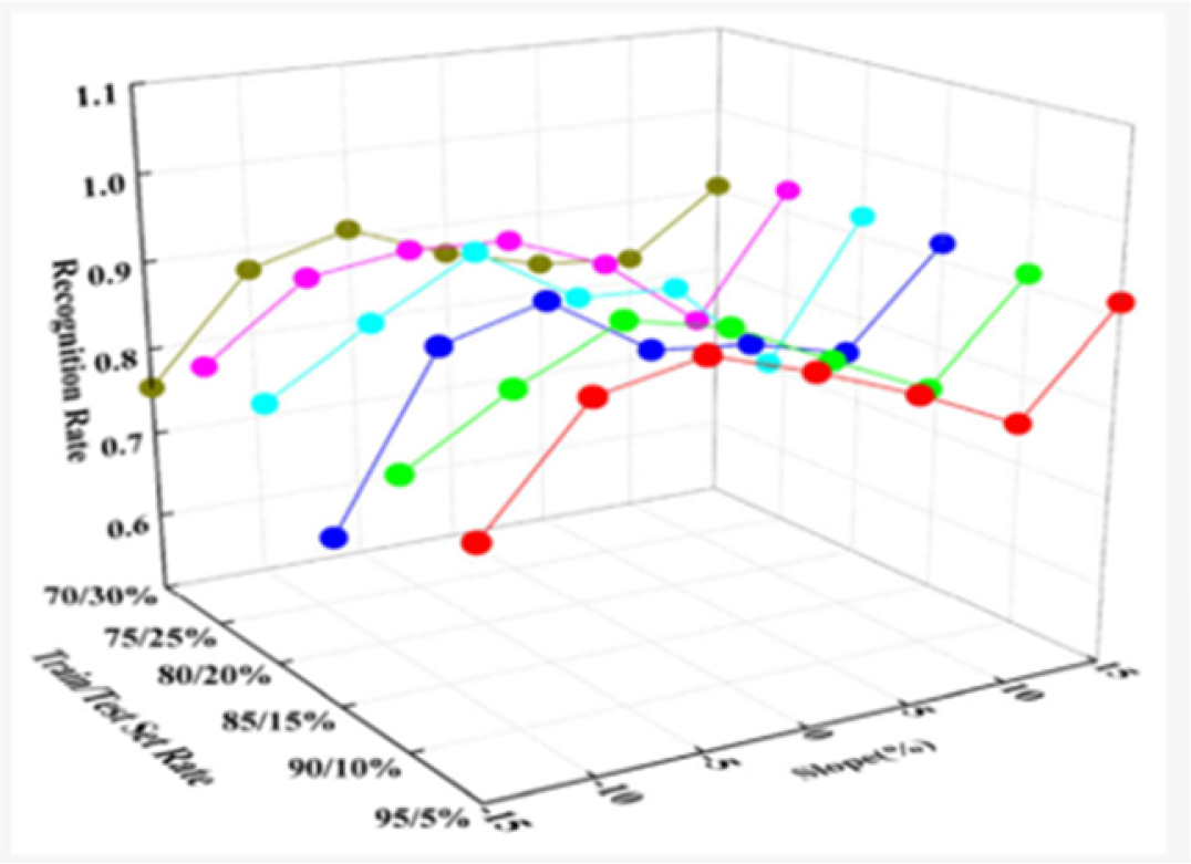 A three-dimensional graph illustrates recognition rates against test ratios and shapes, with multiple data points connected by lines.