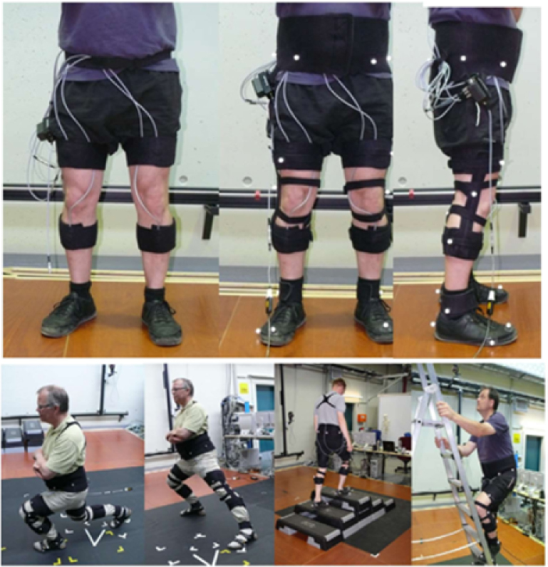  A set of 7 photographs of a person wearing a gyroscope sensor on their legs and waist, demonstrating its use in measuring angular variance during motion.