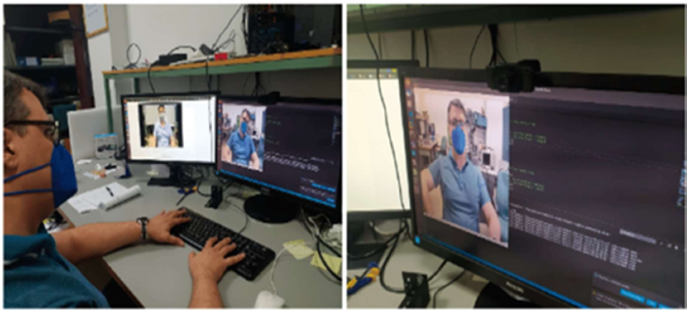 Two photos of a person wearing a mask and sitting at a desk with two monitors. One monitor detects the person seated at the desk on the screen. The other screen displays another person seated on a chair.
