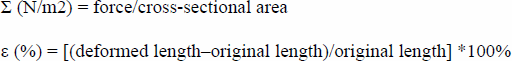 upper S left-parenthesis upper N slash m squared right-parenthesis equals StartFraction f o r c e Over c r o s s non-breaking-hyphen s e c t i o n a l a r e a EndFraction e left-parenthesis percent-sign right-parenthesis equals left-bracket StartFraction d e f o r m e d l e n g t h minus o r i g i n a l l e n g t h Over o r i g i n a l l e n g t h EndFraction right-bracket 100 percent-sign