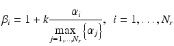 
$$ {\beta}_i=1+k\frac{\alpha_i}{\underset{j=1,\dots, {N}_r}{ \max}\left\{{\alpha}_j\right\}},\kern0.46em i=1,\dots, {N}_r $$
