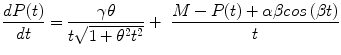 
$$ \frac{ dP(t)}{ dt}=\frac{\gamma \theta}{t\sqrt{1+{\theta}^2{t}^2}}+\kern0.36em \frac{M-P(t)+\alpha \beta cos\left(\beta t\right)}{t} $$
