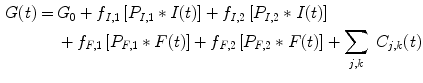 $$\begin{aligned} G(t) =\,& G_{0} + f_{I,1} \left[ {P_{I,1} *I(t)} \right] + f_{I,2} \left[ {P_{I,2} *I(t)} \right] \\ & + f_{F,1} \left[ {P_{F,1} *F(t)} \right] + f_{F,2} \left[ {P_{F,2} *F(t)} \right] + \sum\limits_{j,k} {\;C_{j,k} (t)} \\ \end{aligned}$$